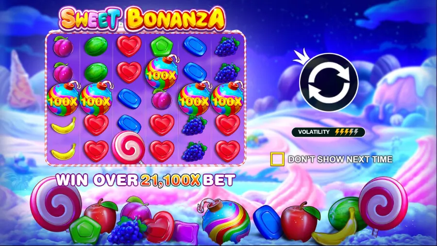 Sweet Bonanza multiplier bombs feature showing rainbow candy bombs with various multiplier values