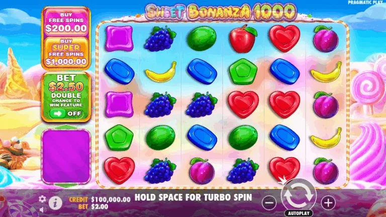 Sweet Bonanza demo mode interface showing risk-free gameplay with virtual credits
